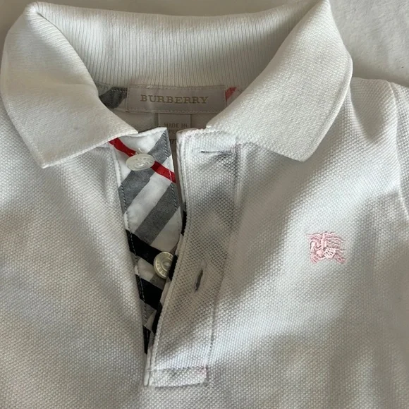 Burberry White Onesie with Classic Checkered Details. Size 9M.
